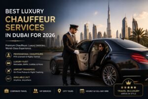 Professional chauffeur opening a luxury Mercedes-Benz for a VIP passenger with the Dubai skyline in the background, showcasing the best luxury chauffeur services in Dubai.