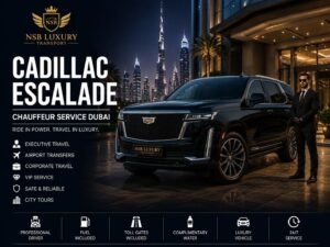 Black Cadillac Escalade luxury SUV with a professional chauffeur outside a premium Dubai hotel, offering VIP airport transfers, executive transportation, luxury family travel, corporate chauffeur services, and private tours by NSB Luxury Transport.
