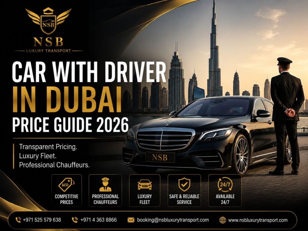 Car with driver Dubai price guide featuring luxury chauffeur service and premium sedan in Dubai