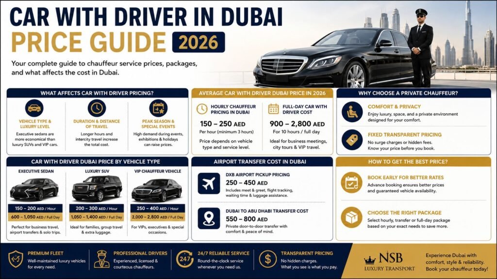Car with driver Dubai price infographic showing chauffeur service rates by vehicle type in 2026