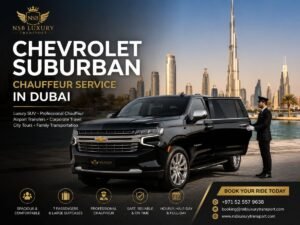 Black Chevrolet Suburban luxury SUV with professional chauffeur in Dubai for airport transfers, corporate travel, and private chauffeur service.