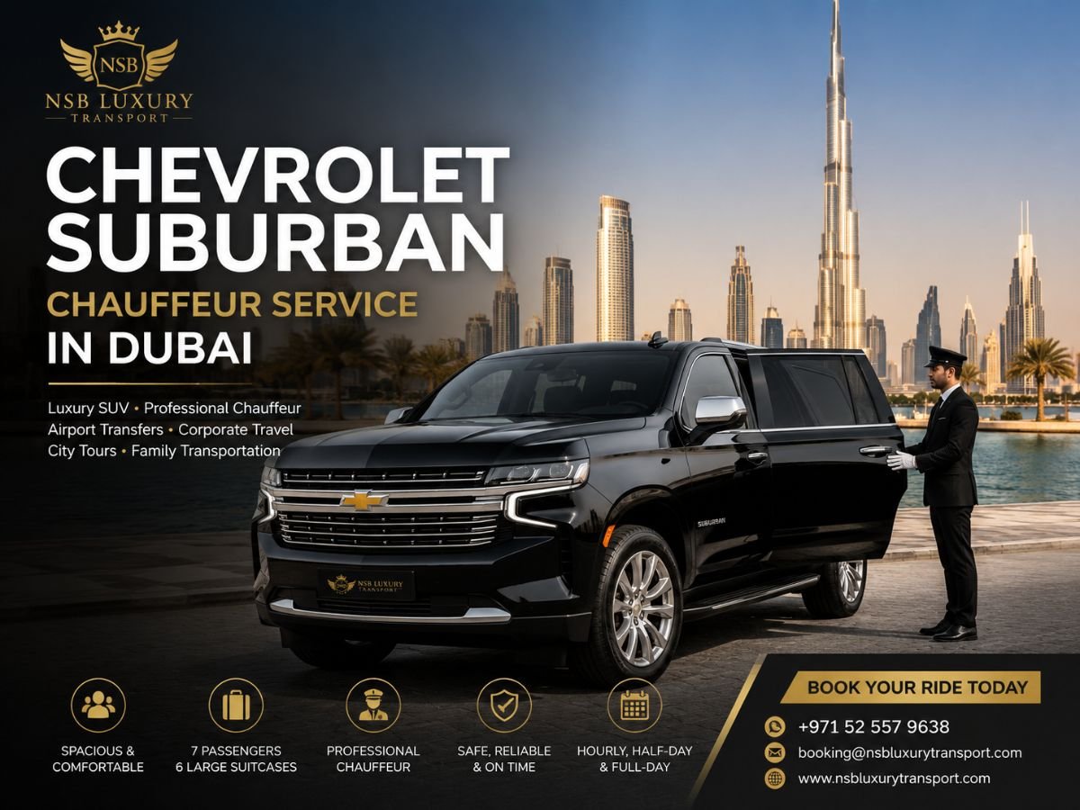 Black Chevrolet Suburban luxury SUV with professional chauffeur in Dubai for airport transfers, corporate travel, and private chauffeur service.