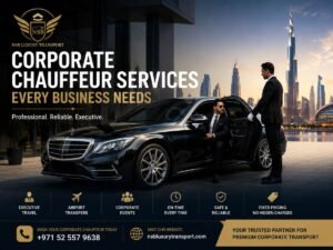 Corporate Chauffeur Services Every Business Needs featuring a luxury Mercedes-Benz sedan, professional chauffeur assisting a business executive, NSB Luxury Transport logo, Burj Khalifa, and Dubai skyline, representing premium executive transportation and corporate travel services.