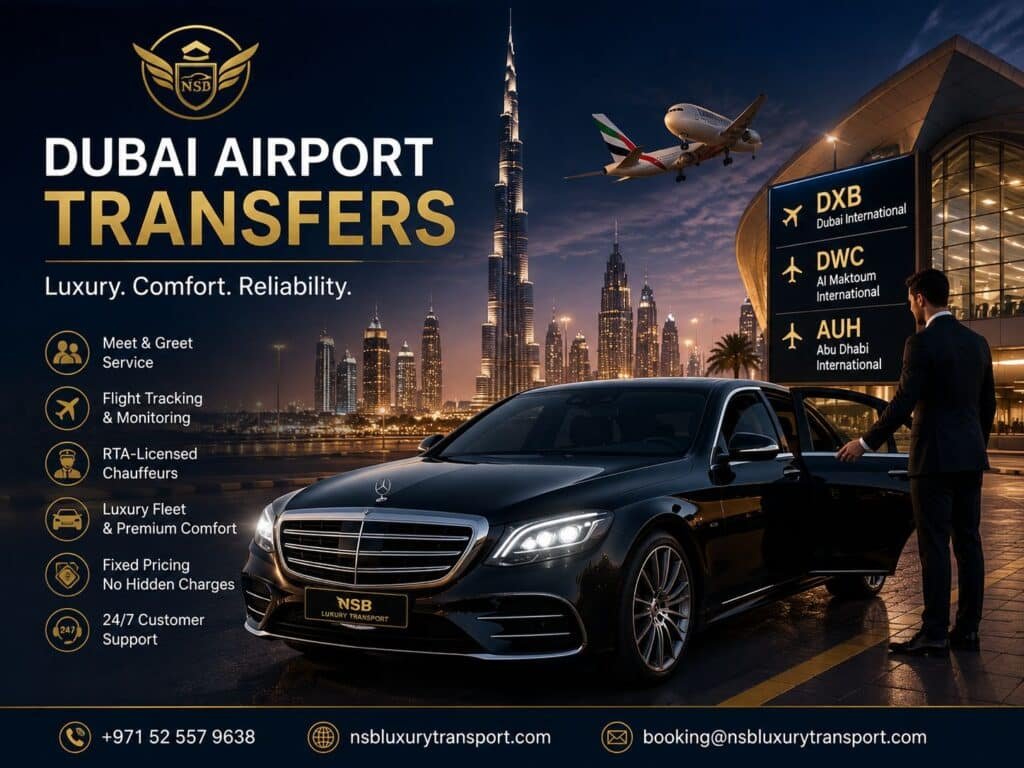 Luxury Dubai airport transfer featuring a Mercedes-Benz chauffeur vehicle outside Dubai International Airport with a professional chauffeur, airplane, airport terminal, and Dubai skyline, representing premium airport pickup services by NSB Luxury Transport.