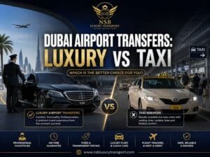 Comparison of Dubai airport transfers featuring a luxury chauffeur-driven Mercedes-Benz and a Dubai taxi outside the airport terminal, highlighting the differences in comfort, pricing, convenience, and premium airport transfer services.