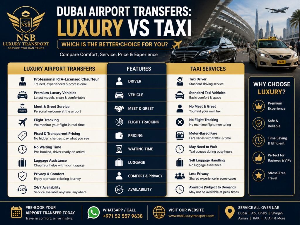 Infographic comparing Dubai airport transfers and taxi services, highlighting luxury chauffeur benefits including professional RTA-licensed chauffeurs, meet and greet, flight tracking, fixed pricing, premium vehicles, luggage assistance, and 24/7 airport transfer service by NSB Luxury Transport.