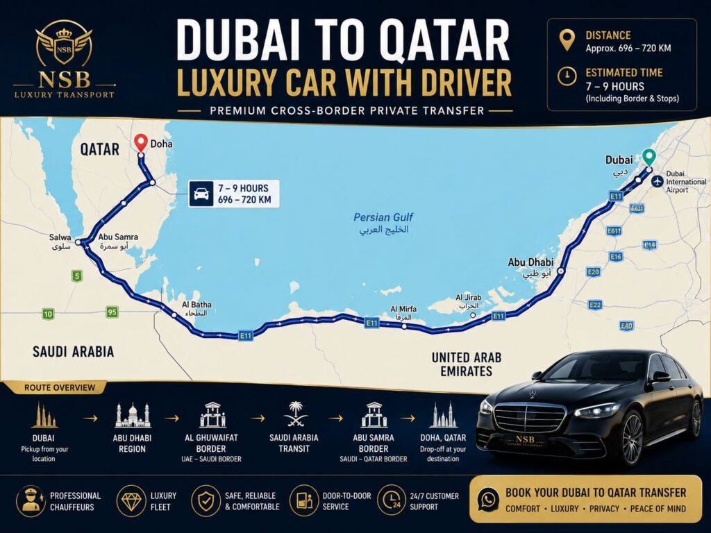 Dubai to Qatar Luxury Car Transfer Route Map | NSB Luxury Transport