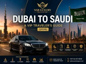 Luxury private transfer from Dubai to Saudi featuring a premium chauffeur car, Dubai skyline, Saudi landmarks, and cross-border travel service