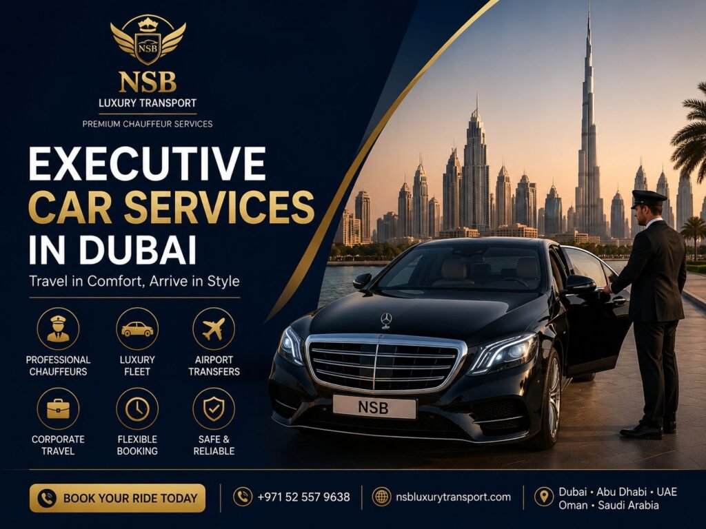 Executive car services in Dubai featuring a luxury Mercedes-Benz with a professional chauffeur, Dubai skyline, and premium executive transportation for airport transfers, corporate travel, and VIP chauffeur services