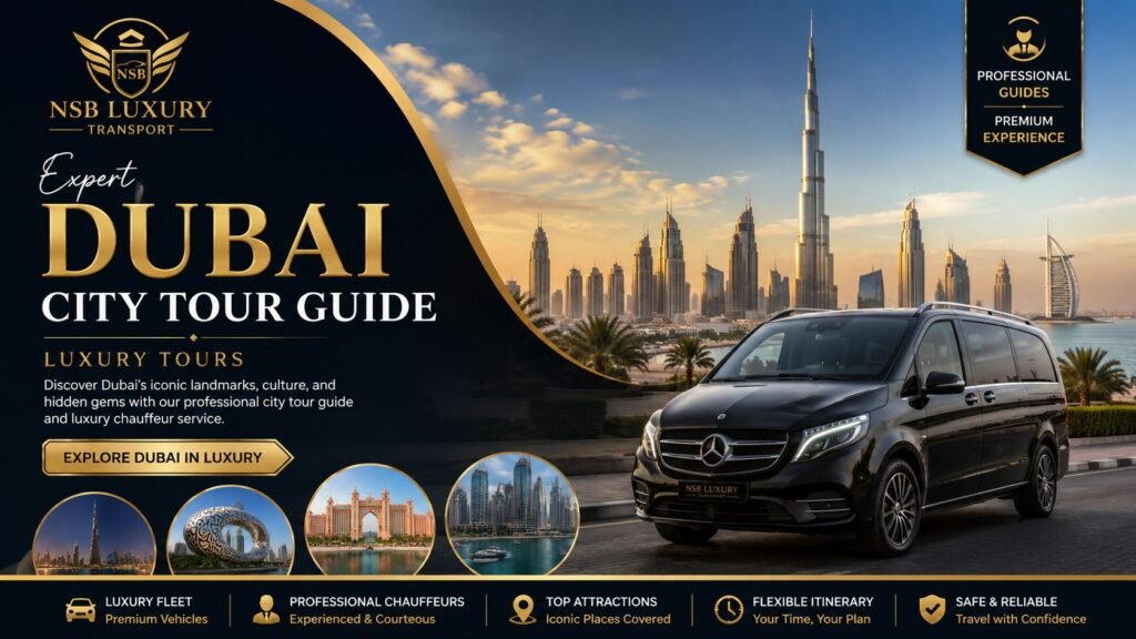Luxury Dubai City Tour Guide with a premium chauffeur vehicle near Burj Khalifa and Dubai skyline for private sightseeing tours