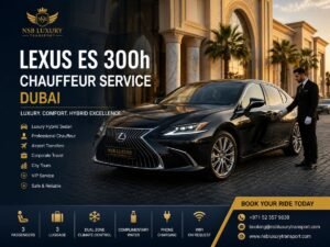 Black Lexus ES 300h luxury hybrid sedan with a professional chauffeur outside a luxury hotel in Dubai, offering airport transfers, executive travel, and private chauffeur services by NSB Luxury Transport.