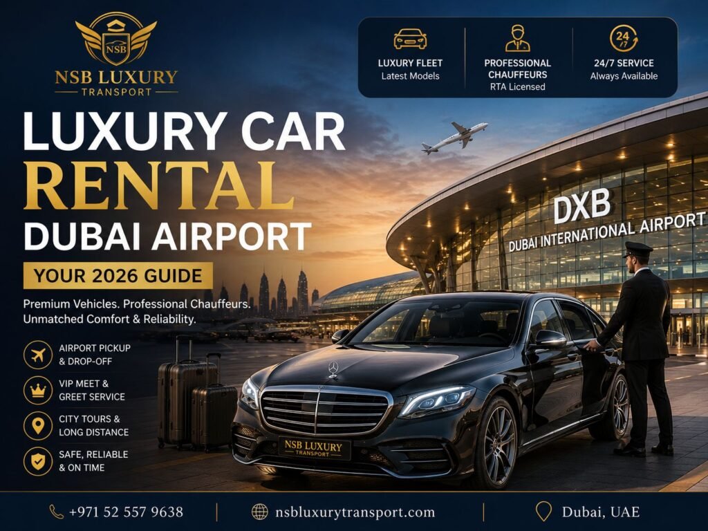 Luxury Car Rental Dubai Airport with premium chauffeur service outside Dubai International Airport featuring a luxury sedan and professional driver