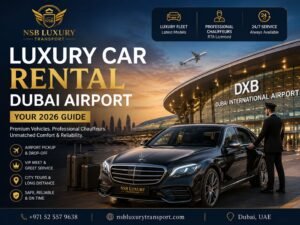 Luxury Car Rental Dubai Airport with premium chauffeur service outside Dubai International Airport featuring a luxury sedan and professional driver
