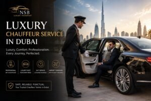 Professional luxury chauffeur opening the door of a premium black sedan with the Dubai skyline in the background for NSB Luxury Transport chauffeur service in Dubai.