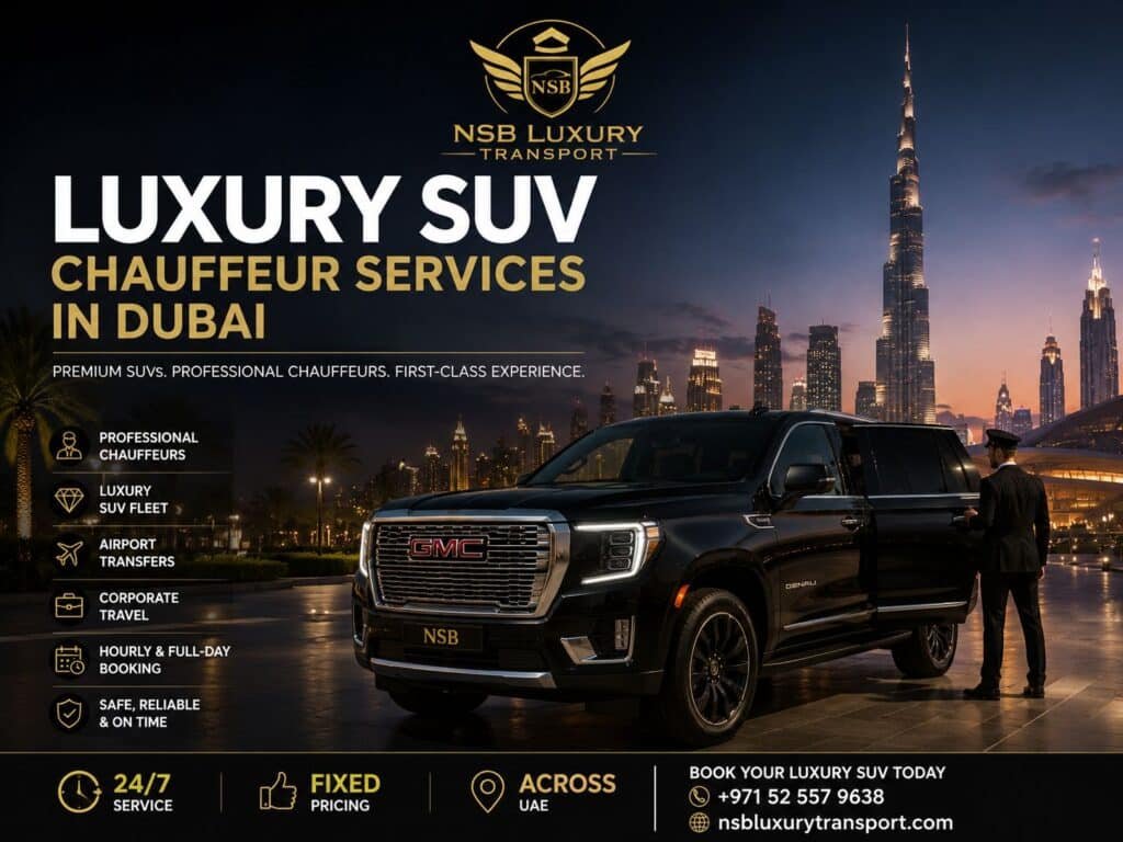 Luxury SUV chauffeur services in Dubai featuring a black GMC Yukon XL with a professional chauffeur and the Dubai skyline, including Burj Khalifa, by NSB Luxury Transport.