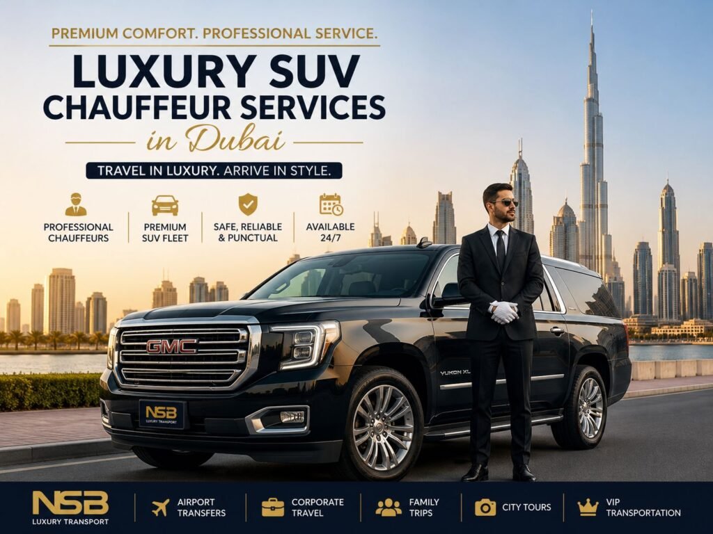 Luxury SUV Chauffeur Services in Dubai by NSB Luxury Transport featuring a black GMC Yukon XL with a professional chauffeur, Dubai skyline, and Burj Khalifa in the background.