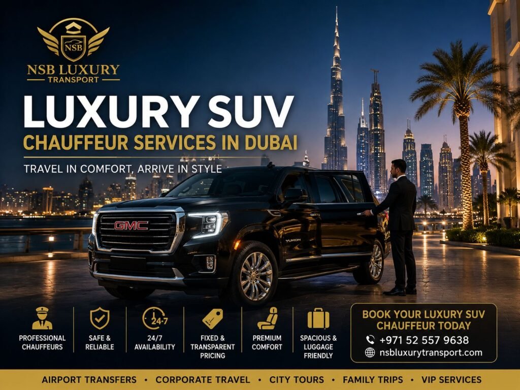 Luxury SUV Chauffeur Services in Dubai featuring a black GMC Yukon XL with a professional chauffeur against the Dubai skyline and Burj Khalifa, showcasing NSB Luxury Transport's premium chauffeur service.