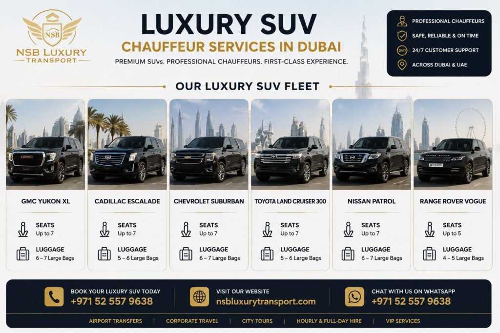 Luxury SUV chauffeur fleet in Dubai showcasing GMC Yukon XL, Cadillac Escalade, Chevrolet Suburban, Toyota Land Cruiser 300, Nissan Patrol, and Range Rover Vogue with seating capacity and luggage information by NSB Luxury Transport.