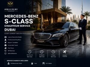 Black Mercedes-Benz S-Class luxury sedan with a professional chauffeur outside a premium Dubai hotel, offering executive airport transfers, corporate travel, VIP transportation, and private chauffeur services by NSB Luxury Transport.