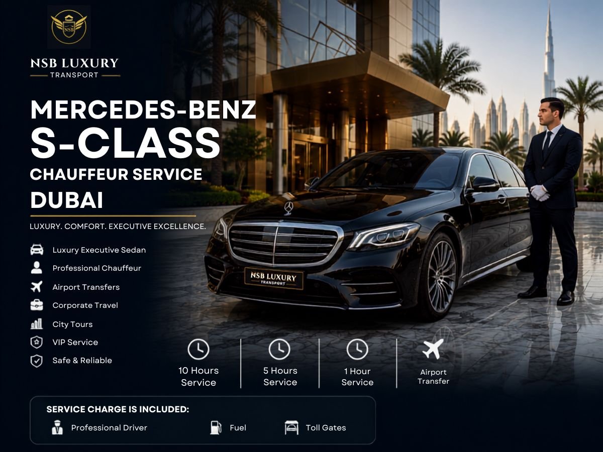 Black Mercedes-Benz S-Class luxury sedan with a professional chauffeur outside a premium Dubai hotel, offering executive airport transfers, corporate travel, VIP transportation, and private chauffeur services by NSB Luxury Transport.