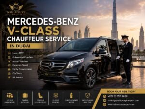 Black Mercedes-Benz V-Class with professional chauffeur in Dubai providing luxury airport transfers, corporate travel, family transportation, and VIP chauffeur services by NSB Luxury Transport.