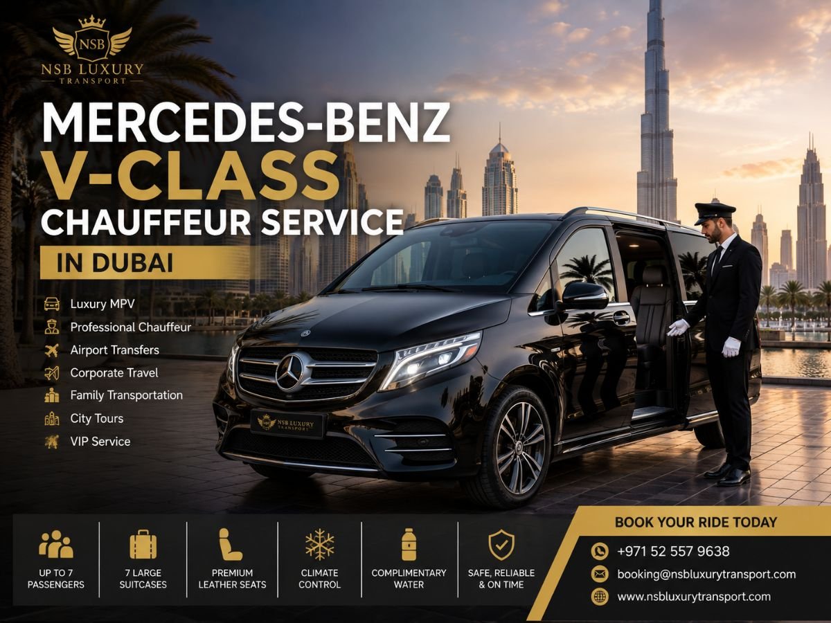 Black Mercedes-Benz V-Class with professional chauffeur in Dubai providing luxury airport transfers, corporate travel, family transportation, and VIP chauffeur services by NSB Luxury Transport.