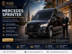 Black Mercedes Sprinter luxury executive van with a professional chauffeur outside a premium Dubai hotel, offering airport transfers, corporate events, VIP group transportation, family tours, hotel transfers, and chauffeur services by NSB Luxury Transport.