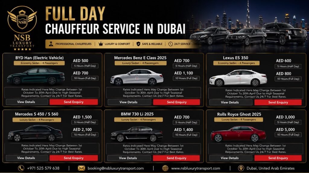 Private chauffeur Dubai SUV and MPV pricing infographic with luxury transfer rates