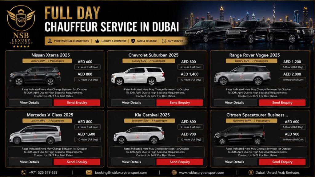 Private chauffeur Dubai price guide sedan pricing infographic with luxury chauffeur rates