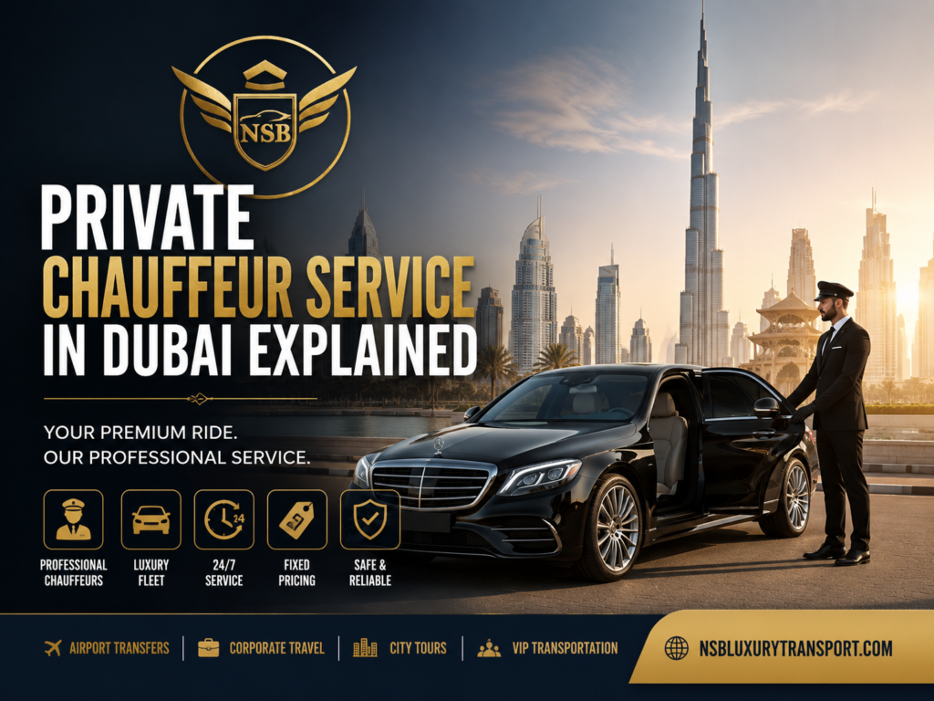 Private Chauffeur Service in Dubai Explained featuring a luxury black Mercedes-Benz with a professional chauffeur, NSB Luxury Transport logo, Burj Khalifa, and the Dubai skyline, showcasing premium chauffeur-driven transportation services.