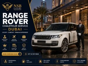 Premium Range Rover Chauffeur Service in Dubai by NSB Luxury Transport featuring a luxury white Range Rover, professional chauffeur, airport transfers, corporate travel, VIP transportation, and executive chauffeur service in Dubai.