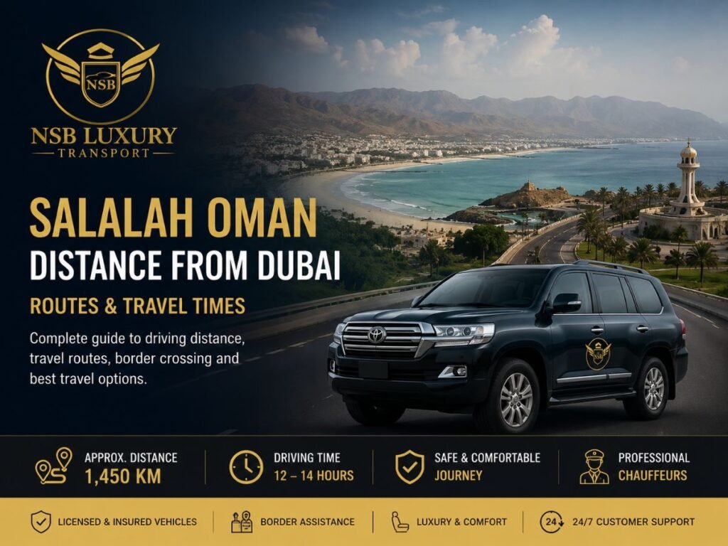 Salalah Oman distance from Dubai hero image showing a luxury SUV on the scenic UAE to Oman coastal highway with travel distance, driving time, and route information