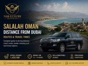Salalah Oman distance from Dubai hero image showing a luxury SUV on the scenic UAE to Oman coastal highway with travel distance, driving time, and route information