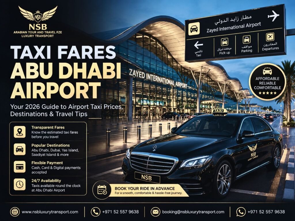 Luxury taxi transfer outside Zayed International Airport showing taxi fares Abu Dhabi Airport guide with premium chauffeur service