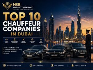 Luxury chauffeur service banner featuring premium Mercedes-Benz vehicles, a professional chauffeur, and the Dubai skyline, highlighting the top 10 chauffeur companies in Dubai for 2026.