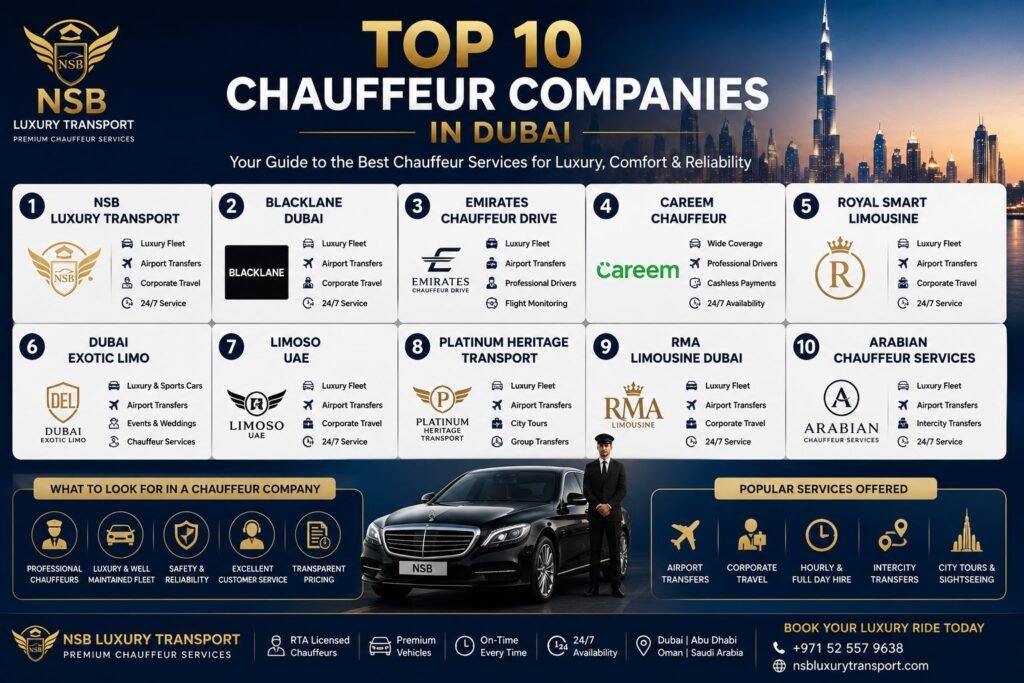 Infographic highlighting the top 10 chauffeur companies in Dubai, featuring professional chauffeurs, luxury fleet, airport transfers, corporate travel, transparent pricing, 24/7 support, and premium chauffeur services by NSB Luxury Transport.