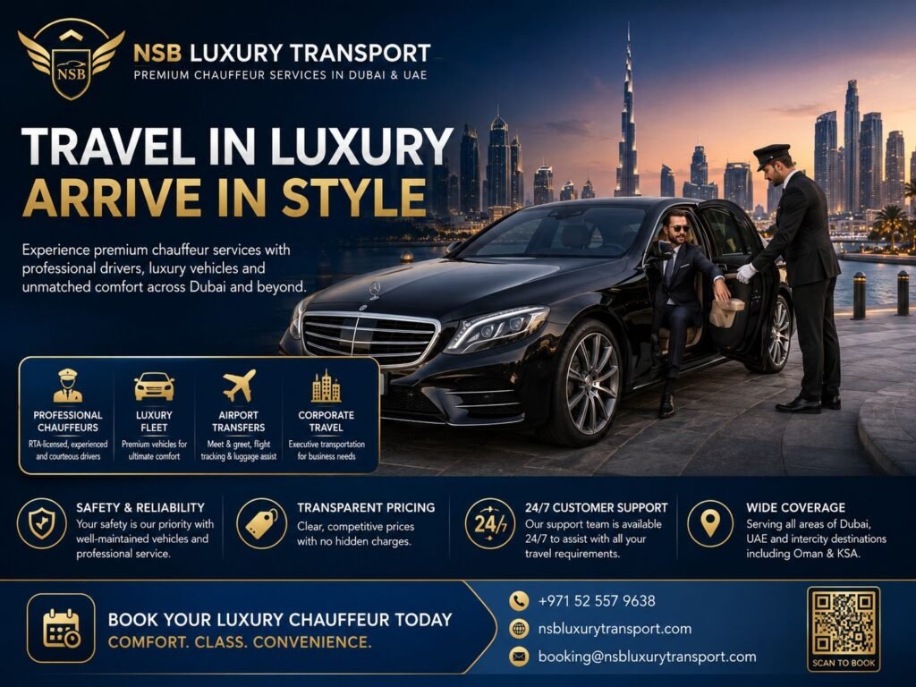 Luxury chauffeur assisting a business traveler into a Mercedes-Benz in Dubai, highlighting why travelers choose NSB Luxury Transport for premium chauffeur services, airport transfers, and executive travel.