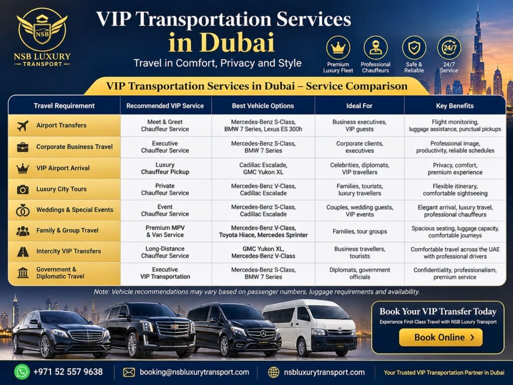 VIP Transportation Services in Dubai infographic by NSB Luxury Transport comparing airport transfers, corporate chauffeur services, VIP airport arrivals, luxury city tours, wedding transportation, family travel, intercity transfers, and diplomatic travel with Mercedes-Benz S-Class, BMW 7 Series, Cadillac Escalade, GMC Yukon XL, Mercedes-Benz V-Class, Toyota Hiace, and Mercedes Sprinter luxury vehicles.
