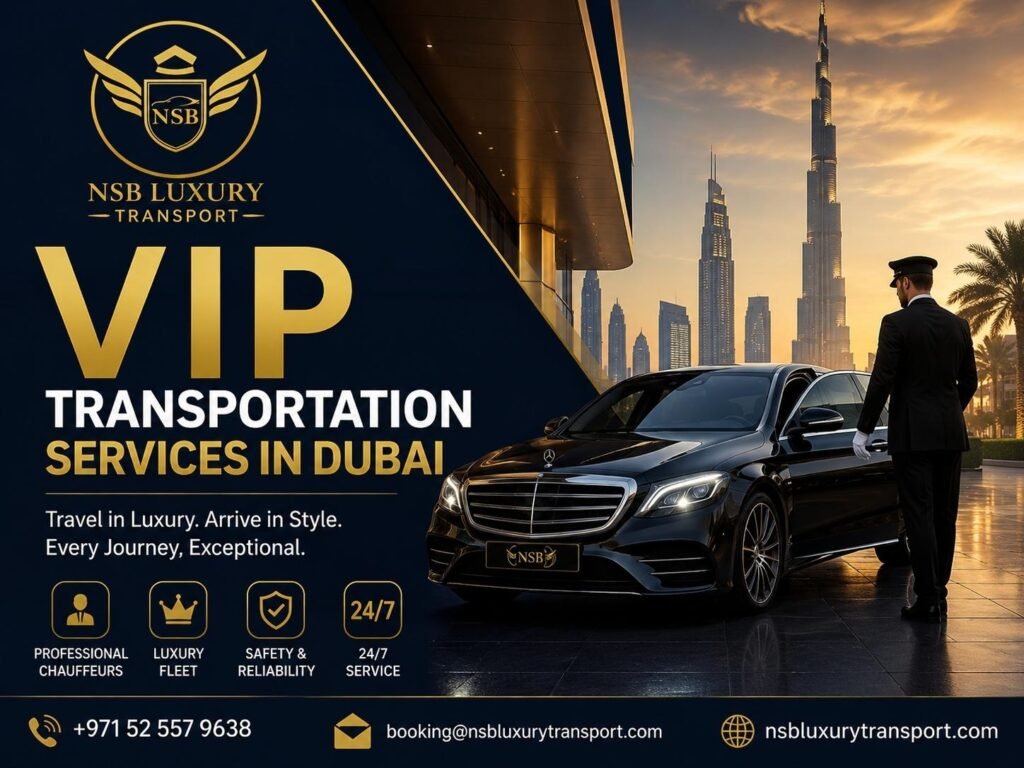 Experience premium VIP Transportation Services in Dubai with NSB Luxury Transport. Travel in comfort with professional chauffeurs and a luxury fleet, including executive sedans, premium SUVs, and VIP vans for airport transfers, corporate travel, business meetings, special events, and private transportation across Dubai and the UAE.