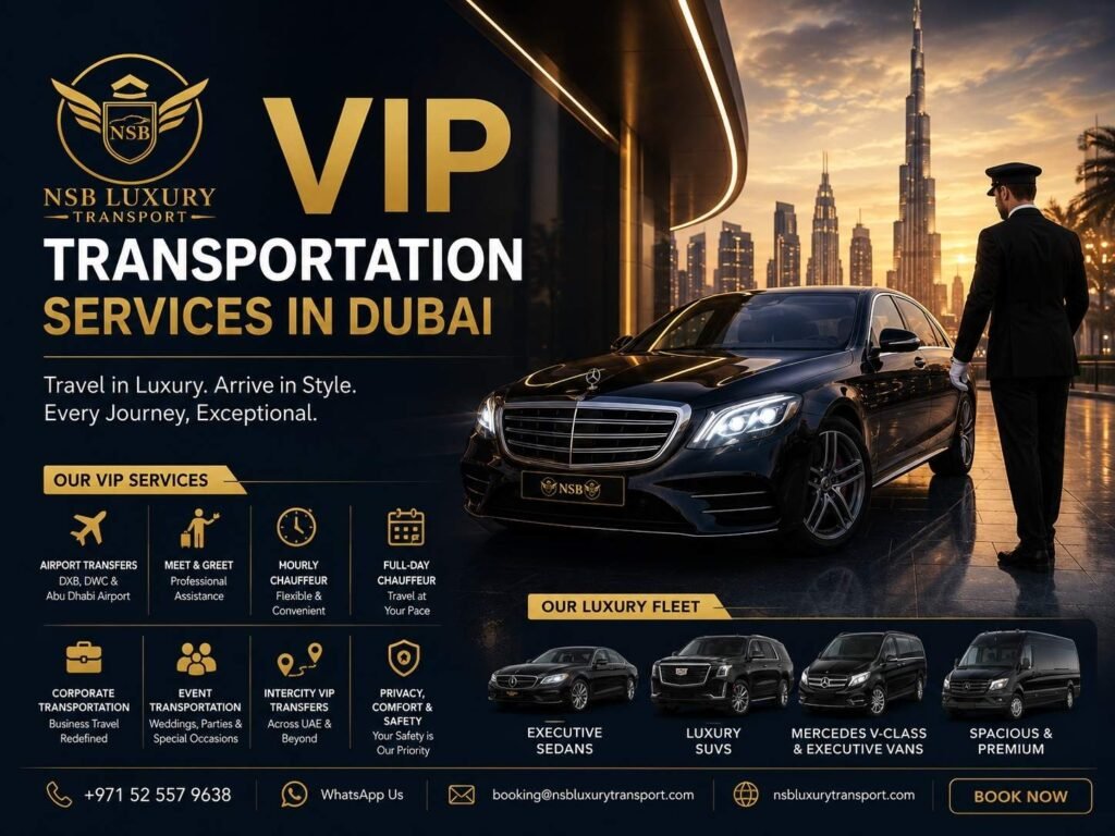 VIP Transportation Services in Dubai by NSB Luxury Transport featuring a professional chauffeur beside a black Mercedes-Benz S-Class with the Dubai skyline, showcasing executive sedans, luxury SUVs, Mercedes-Benz V-Class, executive vans, airport transfers, corporate transportation, event chauffeur services, and premium private travel across the UAE.