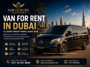 Luxury van for rent in Dubai featuring a premium Mercedes-Benz V-Class with professional chauffeur for airport transfers, city tours, and group travel