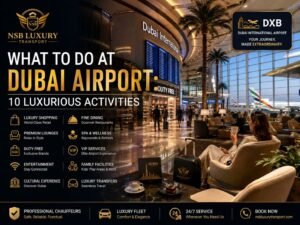 Luxury lounge inside Dubai International Airport showcasing what to do at Dubai Airport with premium shopping, dining, VIP lounges, and airport services.