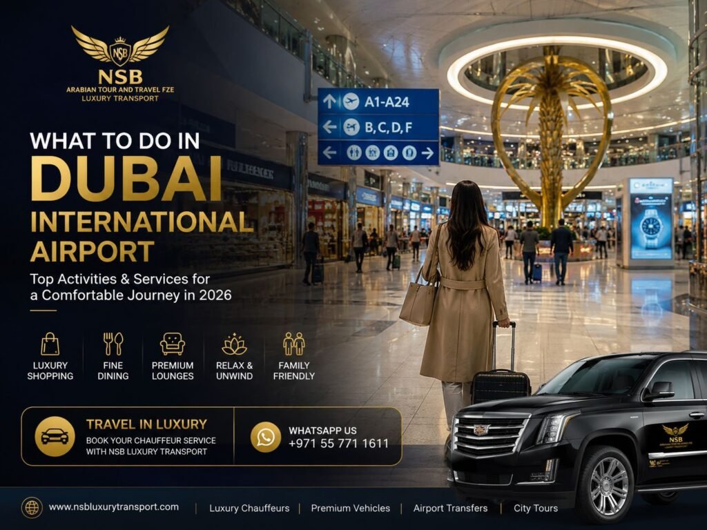 Luxury interior view of Dubai International Airport showing top activities, shopping, lounges, and travel services in 2026