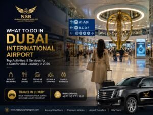 Luxury interior view of Dubai International Airport showing top activities, shopping, lounges, and travel services in 2026