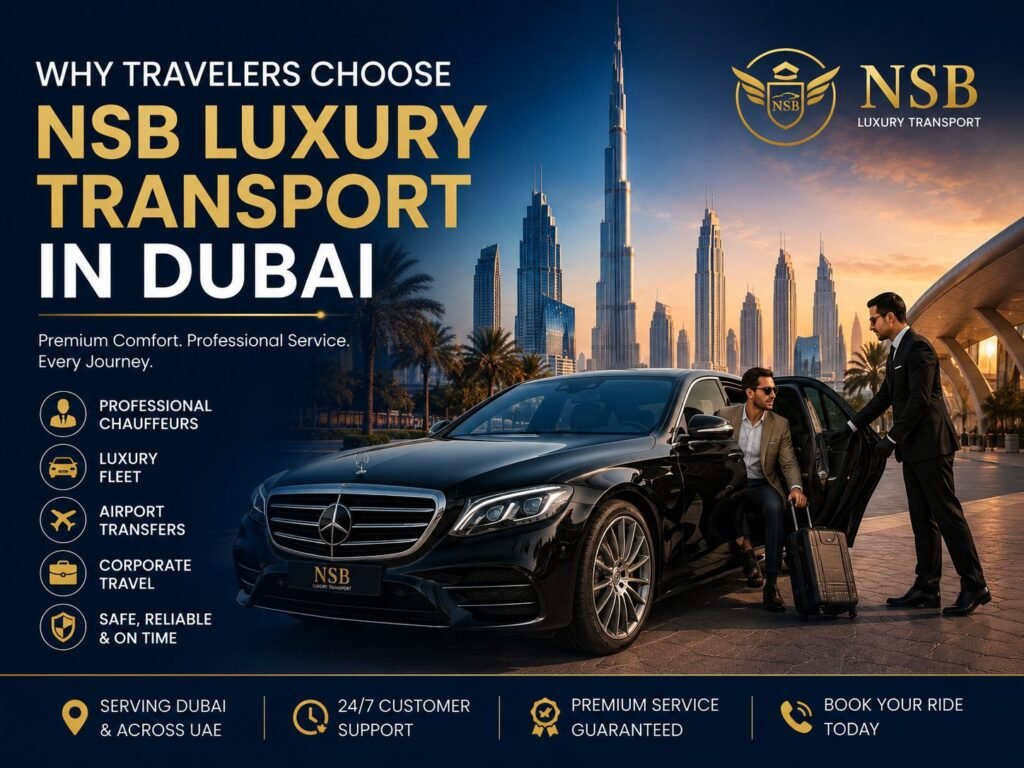 Professional chauffeur welcoming a traveler beside a luxury Mercedes-Benz with the Dubai skyline in the background, representing why travelers choose NSB Luxury Transport in Dubai.