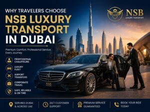 Professional chauffeur welcoming a traveler beside a luxury Mercedes-Benz with the Dubai skyline in the background, representing why travelers choose NSB Luxury Transport in Dubai.