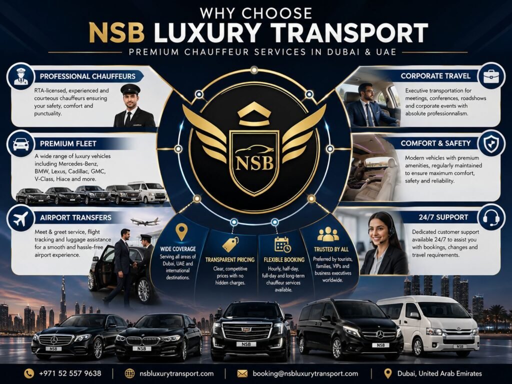Infographic explaining why travelers choose NSB Luxury Transport in Dubai, featuring professional chauffeurs, luxury fleet, airport transfers, corporate travel, transparent pricing, 24/7 support, and premium chauffeur services across the UAE.