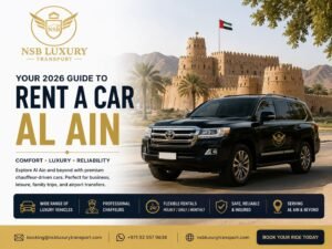Rent a Car Al Ain hero image featuring a luxury SUV near Al Jahili Fort in Al Ain with professional chauffeur service by NSB Luxury Transport