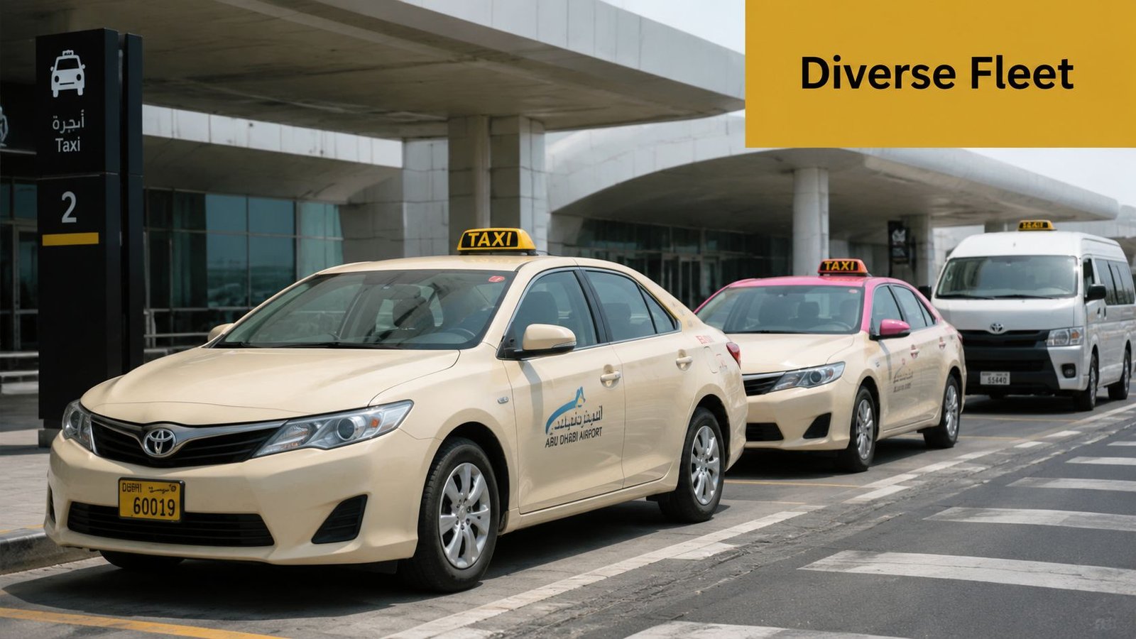 A line of beige Abu Dhabi Airport taxis parked in a row at an airport terminal.