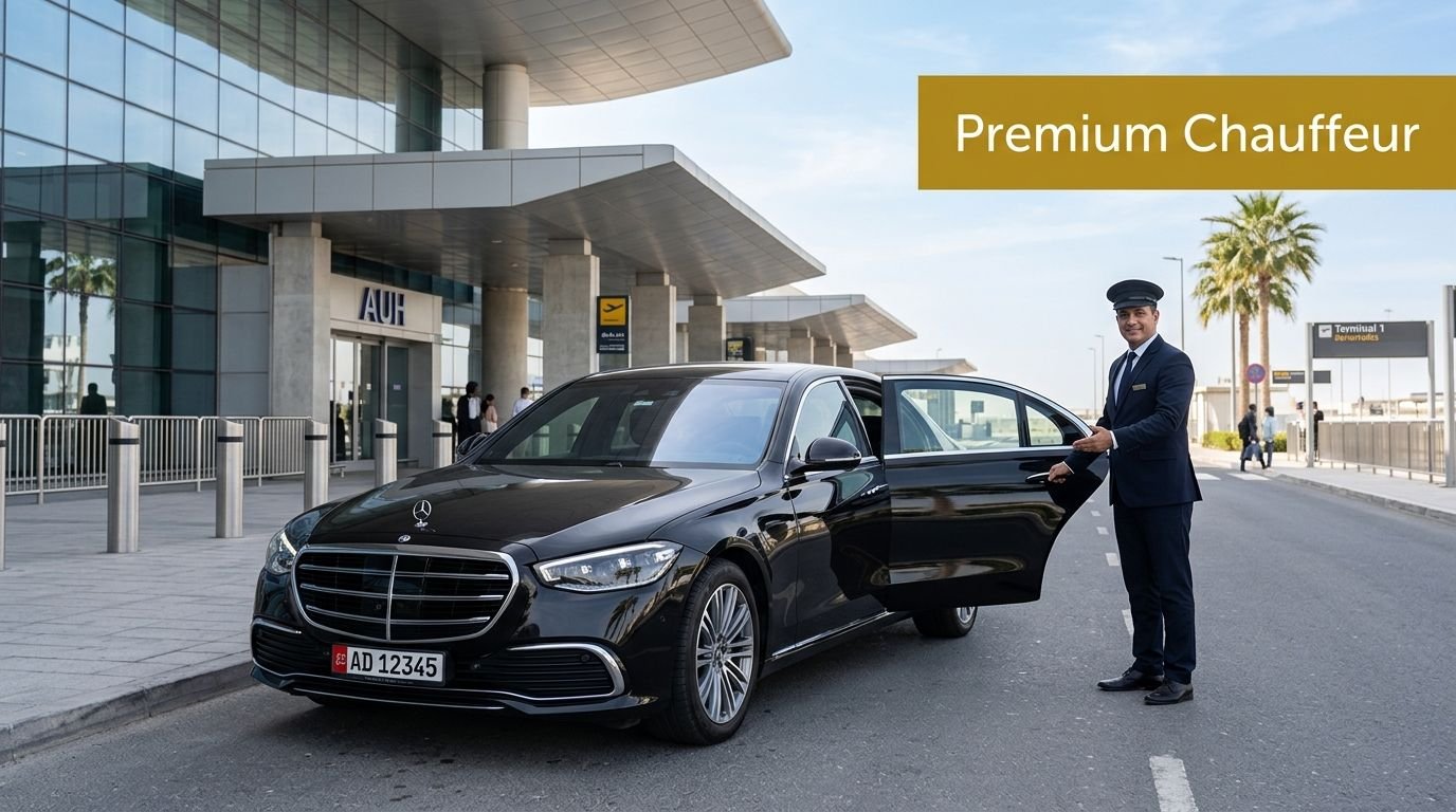 A professional chauffeur in a uniform welcomes passengers at the Abu Dhabi International Airport terminal.
